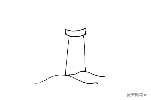 第二步：水波上画上两条竖线，上面画上一个弯曲的长方形。