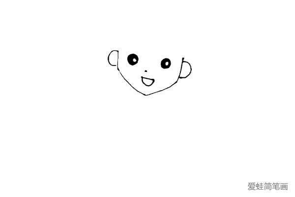 第二步：左右两边各画上一个半圆的耳朵，脸里画上圆圆的眼睛和半圆的嘴巴，再加上一点小鼻子。