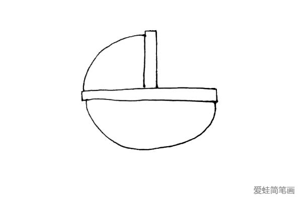 第三步：中间也画上一个长方形，左边画下来一条弧线连接下面。