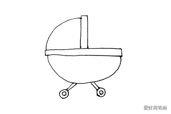 第四步：在下面用长条和圆环画出婴儿车的轮子。