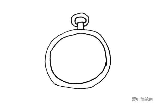第三步：在圆形的上面画上一个方形和圆环作为吊饰。
