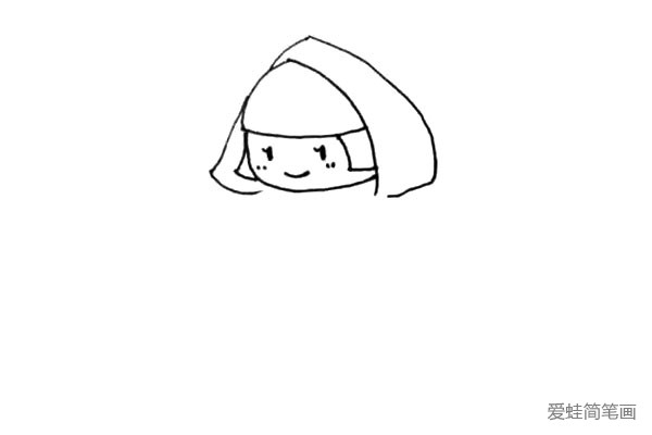 第三步：外围，用弧线给她画上兜帽，外形有点像三角形。