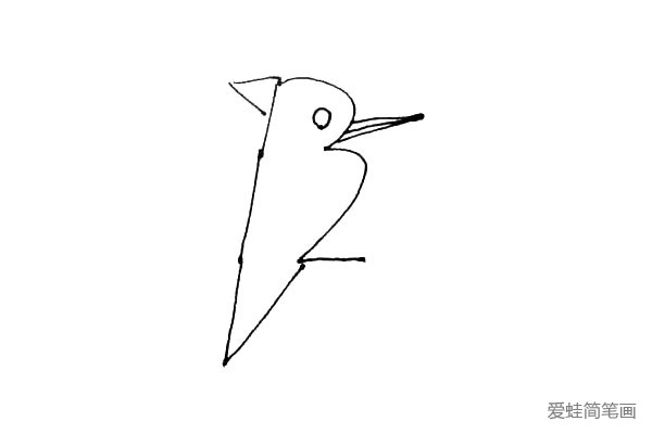 第三步：画上圆圆的眼睛，右边画上细长三角形的嘴巴，左边画上一个小的三角形做头上的羽毛。