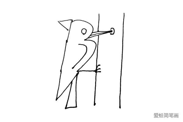 第五步：画下两条竖线做树干，给啄木鸟画上三根爪子抓住树干，尖嘴的地方画上一个小圆，这是他啄出来的小洞。