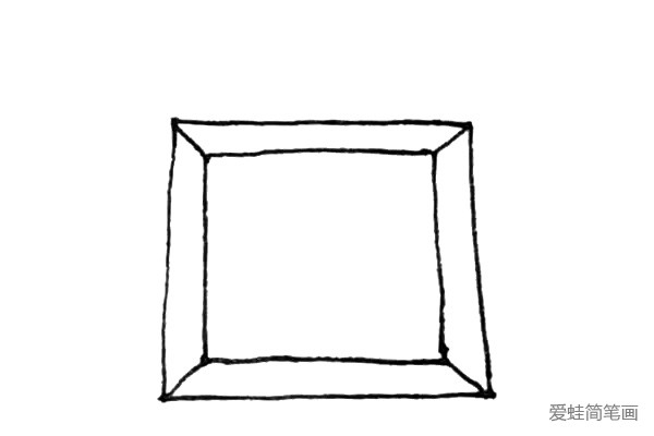 第二步：然后在里面再画上一个正方形，以及在四角画上一条斜线。