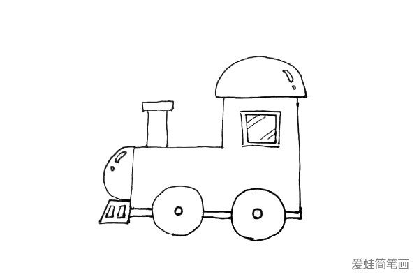 第六步：在火车头前段用一个竖的长方形加一个横的小长方形来表示烟囱。
