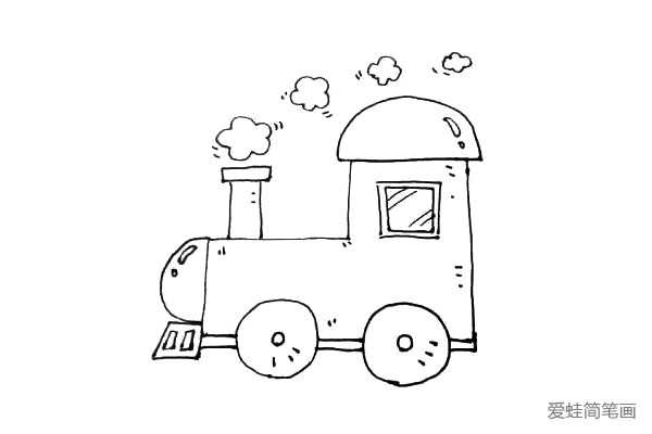第七步：烟囱上画上一团团升起的烟，在车身和周围加上一些小装饰点。