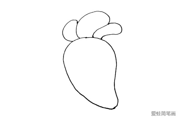 第二步：在上面画上三个豆子一样的形状，中间的大，两边的小，作为萝卜的叶子。