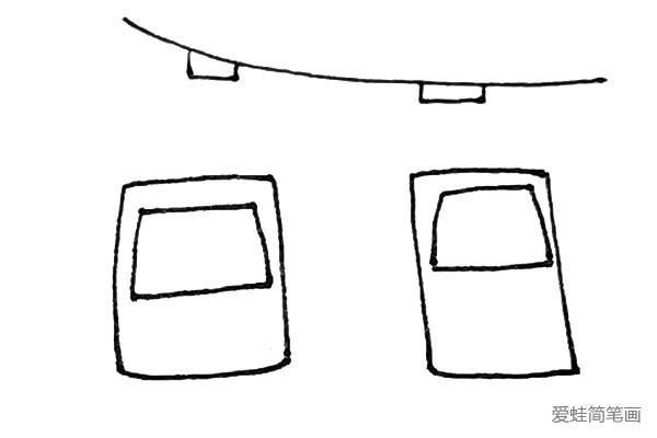 第三步：接着在车厢里面画上两个梯形的车窗。