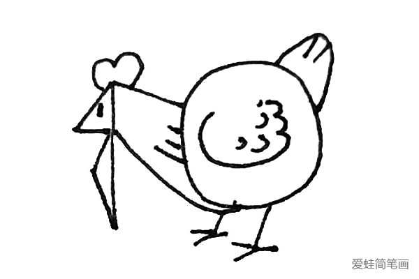 第七步：身子下面，用短线画出鸡的两只脚。