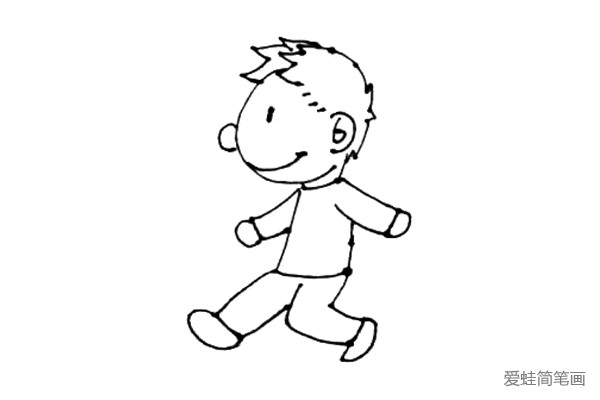 第五步：先画上一条向后弯的脚，再画上一条向前伸的腿，像是开开心心上学去。