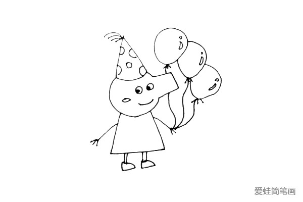 第五步：画上一些气球，帽子上可以画上一些小的半圆来装饰。
