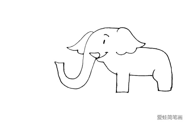 第四步：接着画上大象的身体部位，弯弯的背部和粗壮的前腿和后腿。
