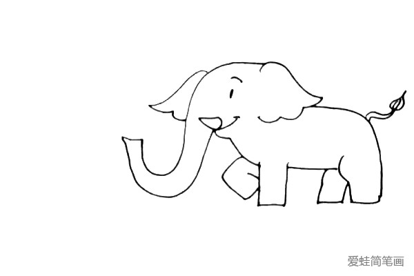 第五步：两只腿的大象可能站不住，我们还需要给他再加上另外一只弯曲的前腿和后腿，再画上它的小尾巴。