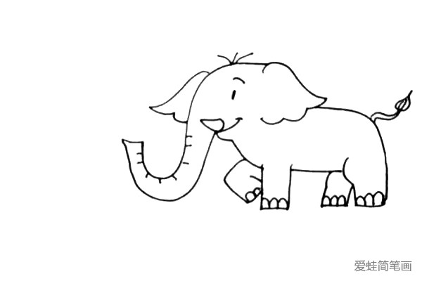第七步：大象画好了，我们给它画上鼻子喷出的水花吧，再画上一些水珠和地面上的水。