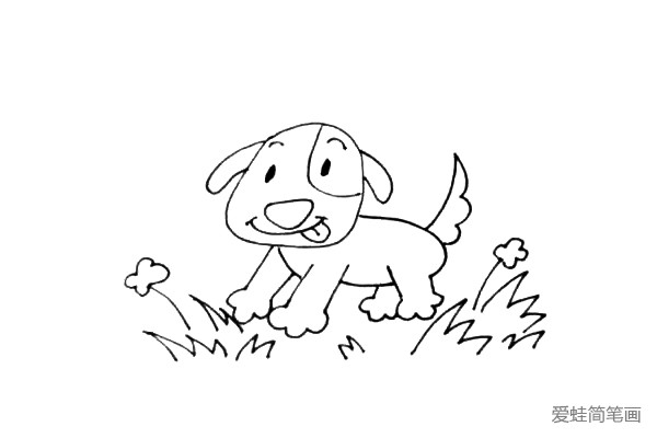 第七步：在小狗周围画上一些草坪和漂亮的花朵。