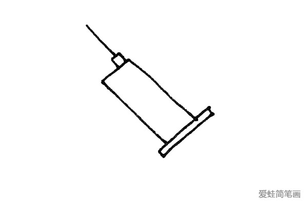 第三步：接着在上面画上一个小的长方形，并画上一根线表示针管。