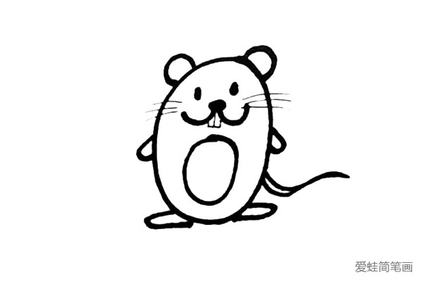 第五步：画上小老鼠的两颗门牙和两边的胡须，再画上它长长的尾巴。