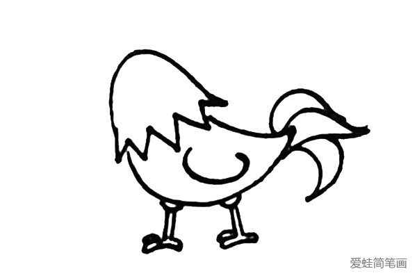 第四步：画上大公鸡两条细细的腿和爪子。