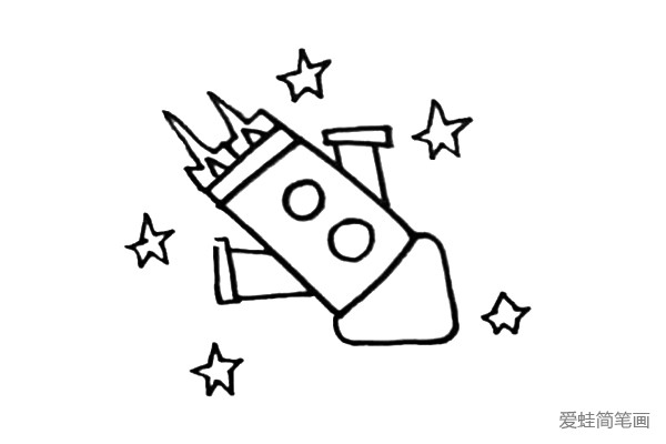 第六步：在小火箭周围画上五角星的装饰物。