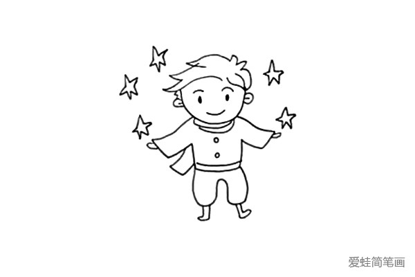 第五步：画上小王子飘逸的围巾和衣服上的纽扣。并且在后面画上几颗星星。