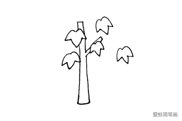 第四步：然后用长条的形状画出树干，注意要多伸出一条小树枝。