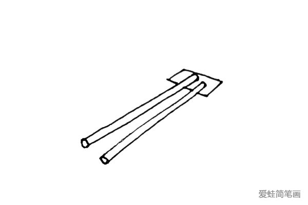 第四步：接着在筷子上头，画上一个斜的长方形，但注意不要穿过筷子。