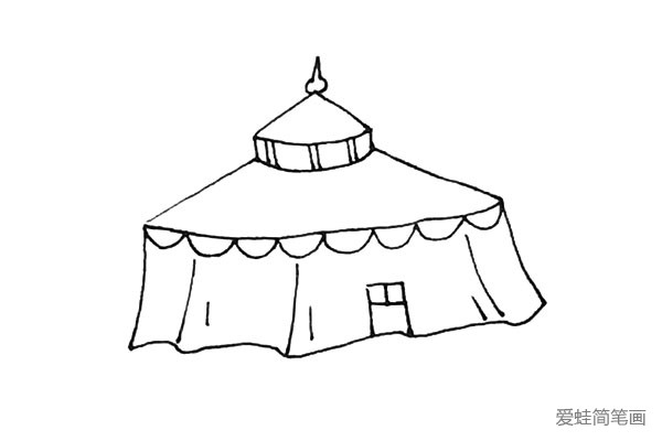 第七步：接着画上方形的门，以及在周围画上一些弧线作为帐篷的褶皱。