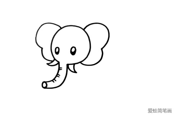 2.接着画大象大大的耳朵和眼睛、象牙
