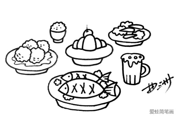 3.接着画出甜品、蔬菜、饮料喝米饭