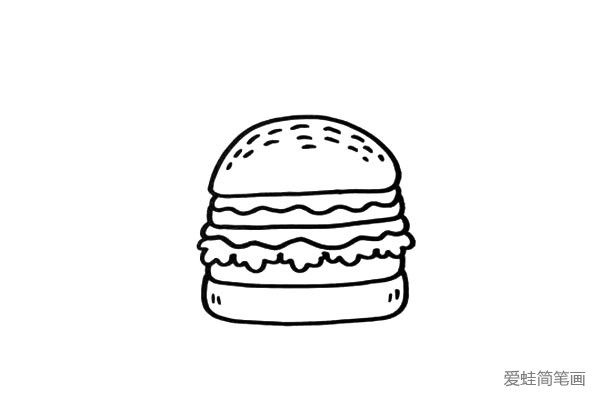 2.画出中间的芝士、蔬菜、肉饼，再加上底部的面包