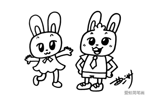 4.在画面的右边画出男生版的兔子，注意他们的区别。