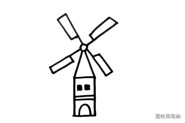 1.风车小屋的顶部是一个大大的风车，像一个大大的“十”字。再画出下方尖顶的房子吧。