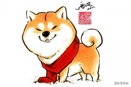新年里一组冬日红围巾喜庆小狗狗简笔画图片