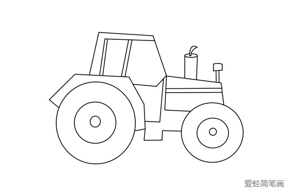 7.最后一步是细节的完善，画出拖拉机的车窗线条及车声的装饰线条，这样我们简单的拖拉机简笔画就完成了。