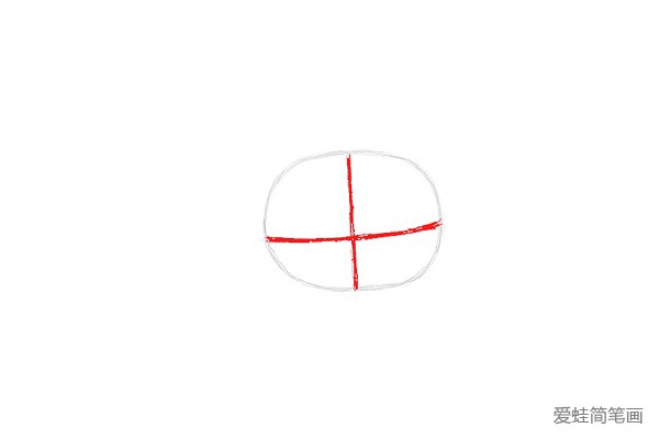 2.接下来，在椭圆上绘制两条相交的线，一条垂直线和一条水平线。垂直线应该在椭圆形的中间正确，而水平线应该更靠近底部。用来确定Anais的五官位置。