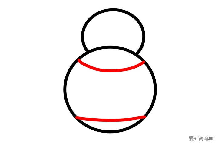 2.画两条弧线，上面一条是作为它的围巾的位置，下面一条作为地面的位置。