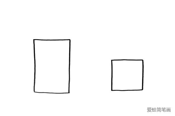 1.在画面的左边和右边画出一个长方形、一个正方形，这里可以借助一下尺子。