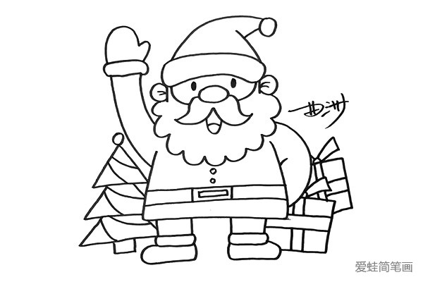 4.在背景中我要画出圣诞树和很多礼物，让画面的圣诞气氛更加的浓重。