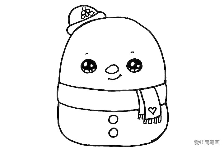 6.在雪人的身体上画上两粒扣子，再给围巾画一个爱心装饰吧。