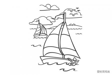 海上日出帆船风景填色图片