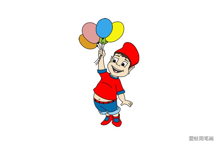 拿着气球的小男孩简笔画「带颜色」