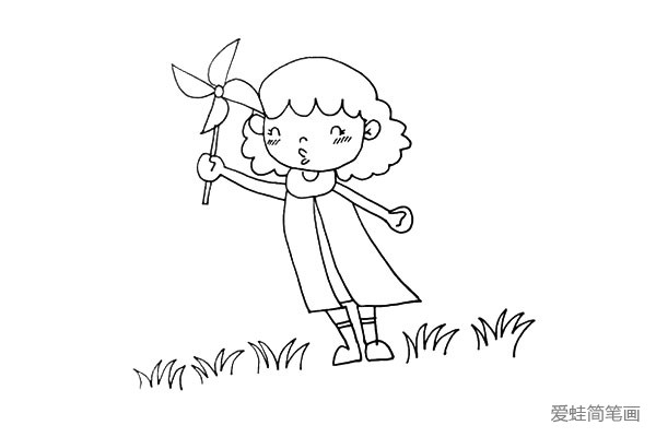 第十四步:再用弧线组成的锯齿状来画出小女孩身边的小草。