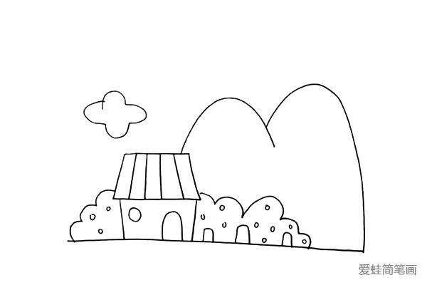 第十步:接着在屋顶的左上方画出一片朵云。