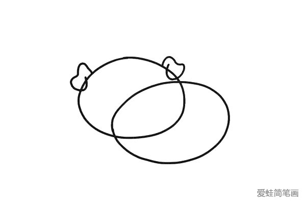 1.首先画一个大大的圆形头部，后面一个椭圆是小猪身体，两个又大又卷的猪耳朵。