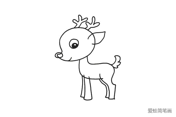 3.画像树叶一样的耳朵，旁边是梅花鹿的两个犄角。椭圆形的眼睛，里面画上眼珠和反光部分，眼珠涂成黑色。