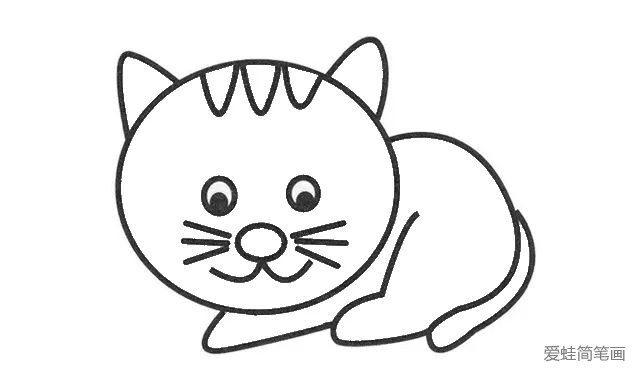 4.接着画出小猫大大大的眼睛， 还有微笑着的嘴巴， 再画出两颊的胡须。