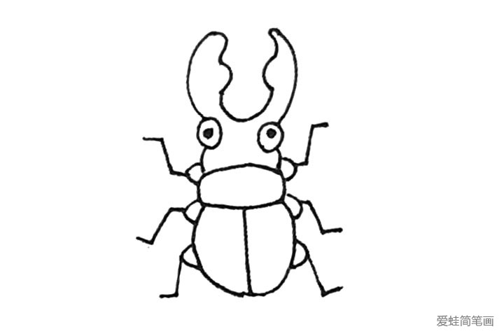 第六步：再用折线，画出甲壳虫的腿，注意细节，还要点上甲壳虫的眼睛。