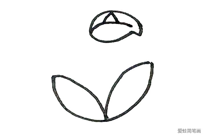 3.中间再画上一条弧线，加上小三角形形成花朵的形状。