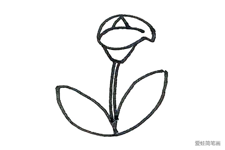 4.花朵下面，再画上一个倒梯形，以及画上两条线和叶子连接来。